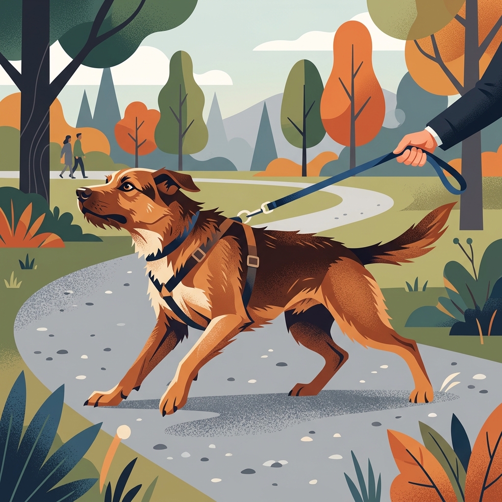 Illustration of a dog pulling hard on a leash, demonstrating common behavior problems